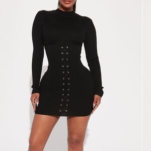 Black Lace-Up Sweater Dress